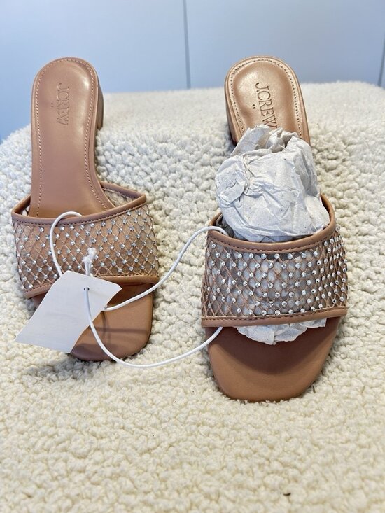 J. Crew Factory Rhinestone Mesh Slide Sandals Tan/Beige Size 7M - Picture 2 of 7